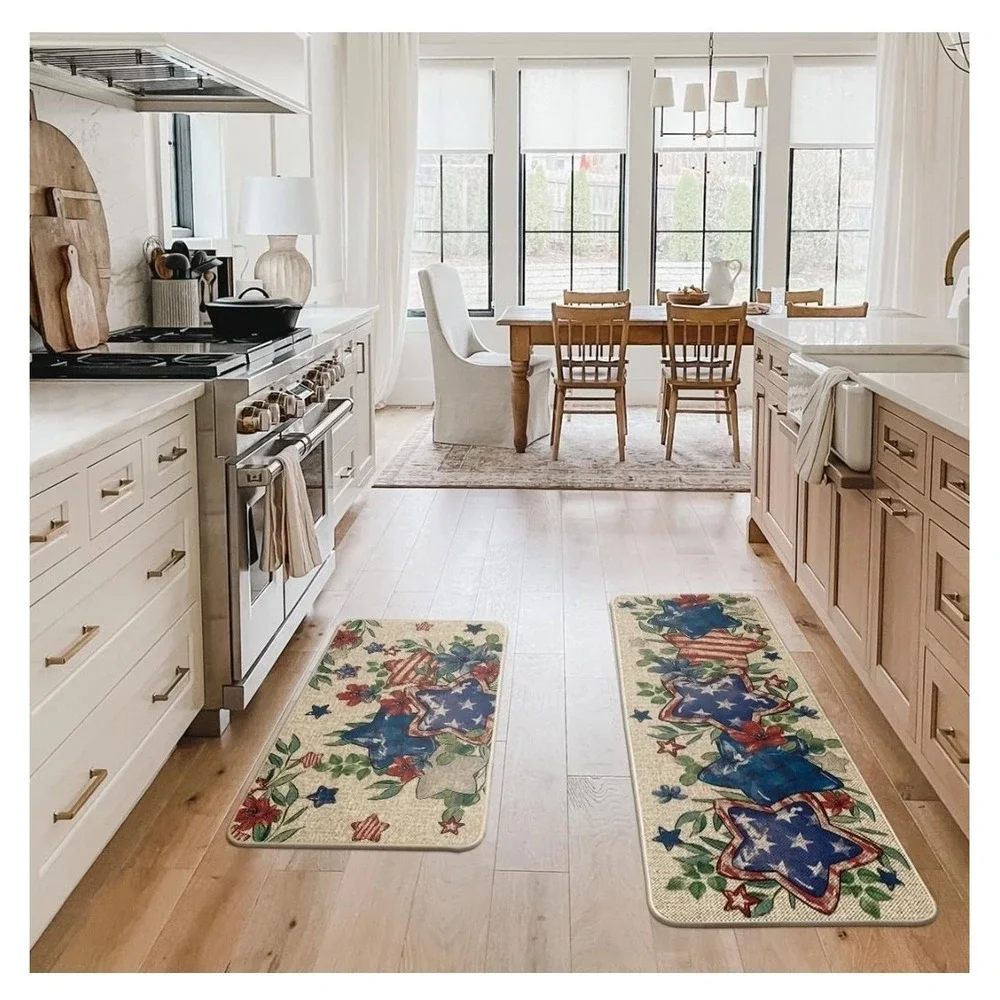 Eucalyptus Flowers Stars Patriotic 4th of July Kitchen Mats Set of 2, Memorial